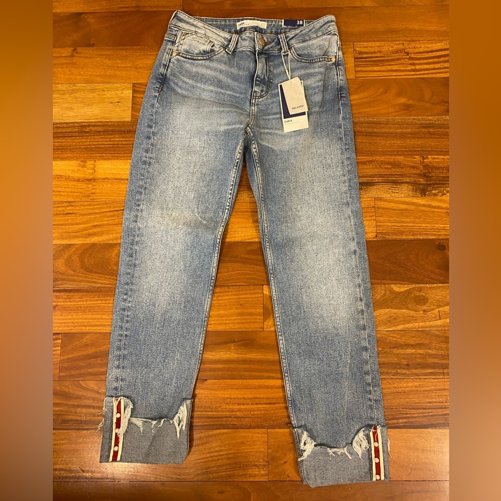 NWT Zara Basic Z1975 Denim Straight Leg Ankle Pearl Cuff Jean Size 06/38